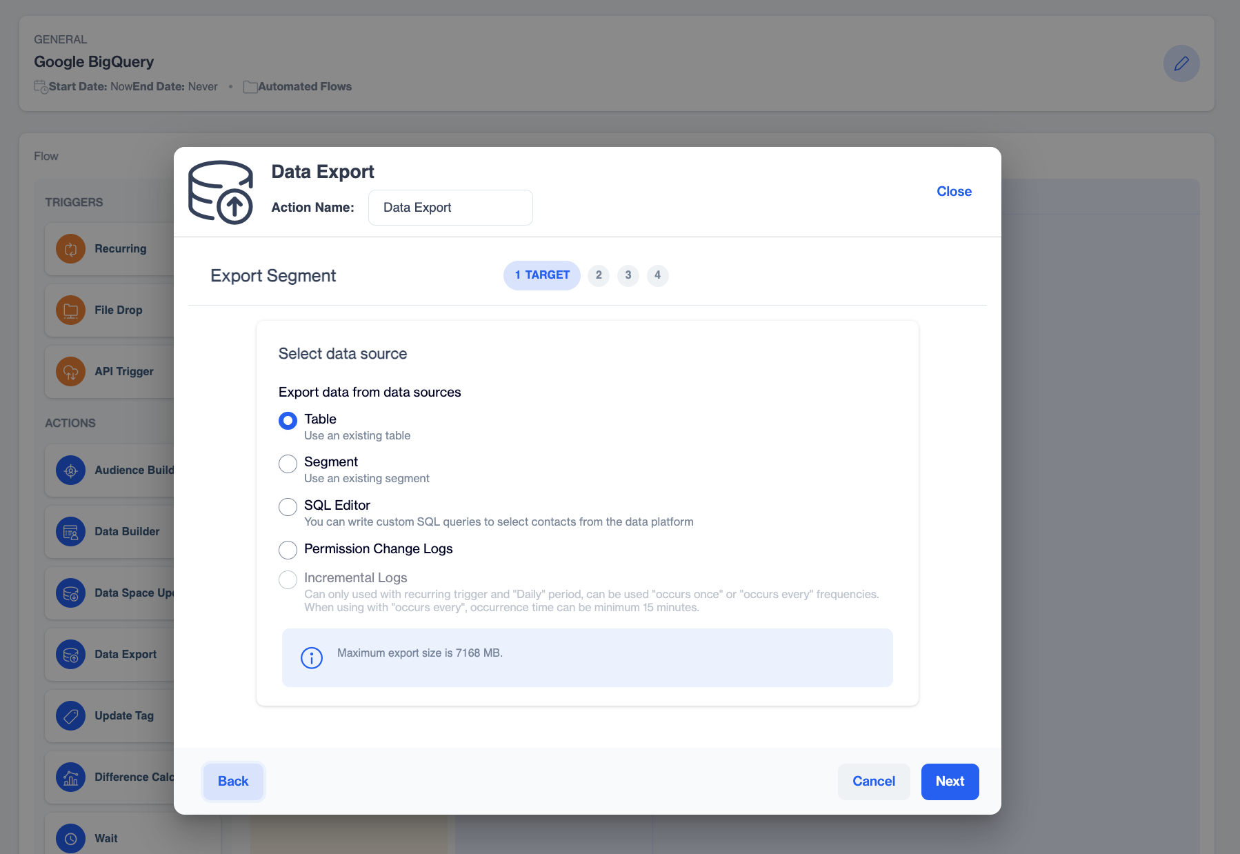 Select data source screen of the Data Export node with the Table and Segment options. 