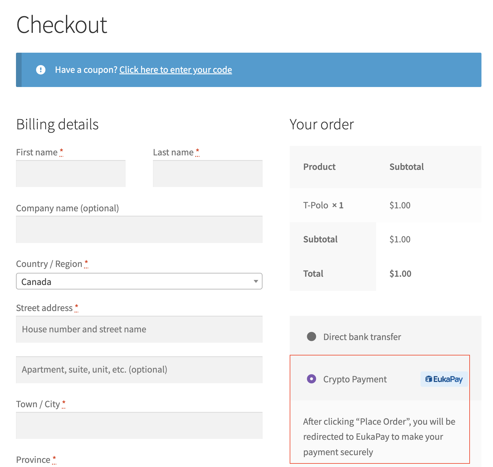 EukaPay Payment Option on Checkout