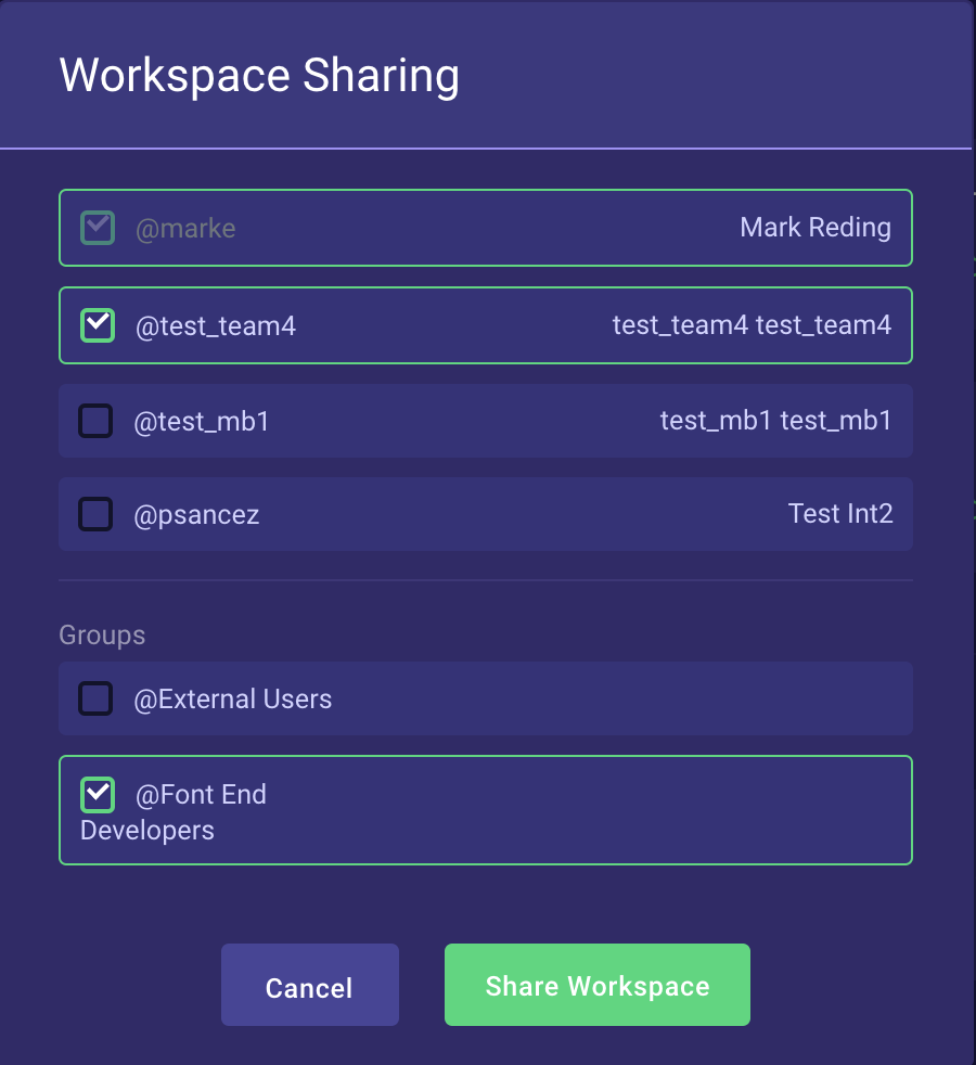 Select which users of group to share workspace