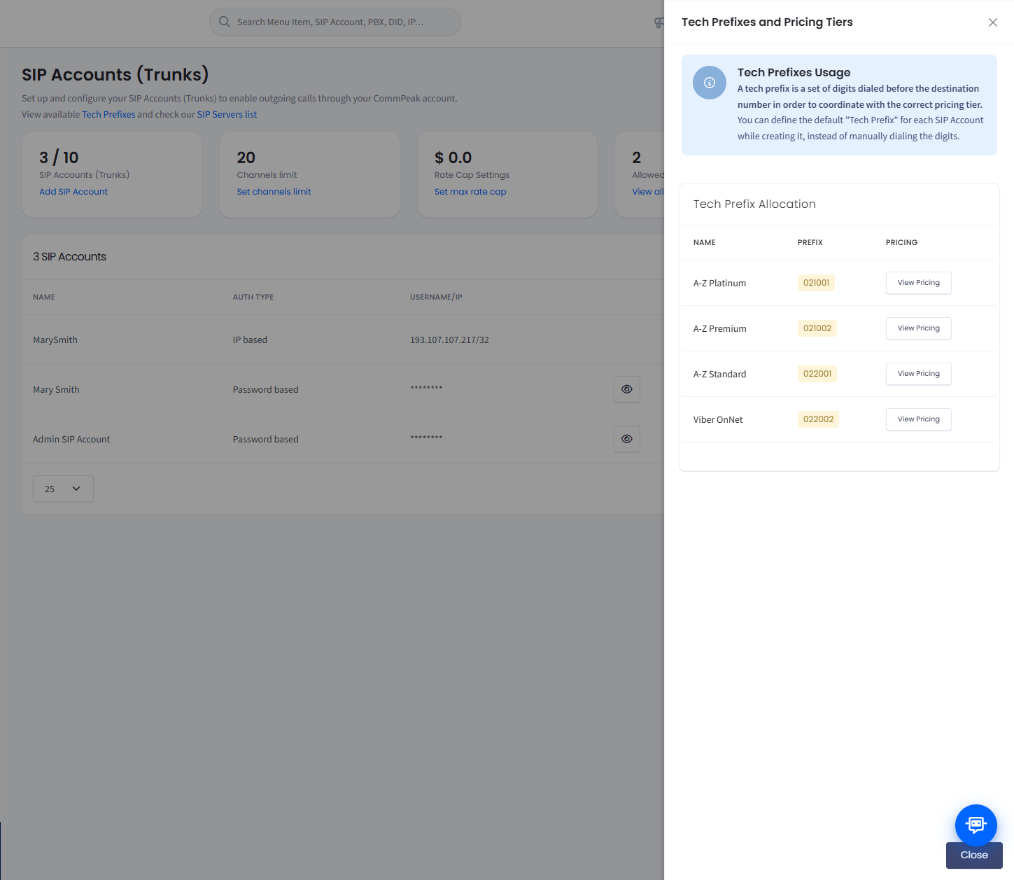 Screenshot of the SIP Accounts tab