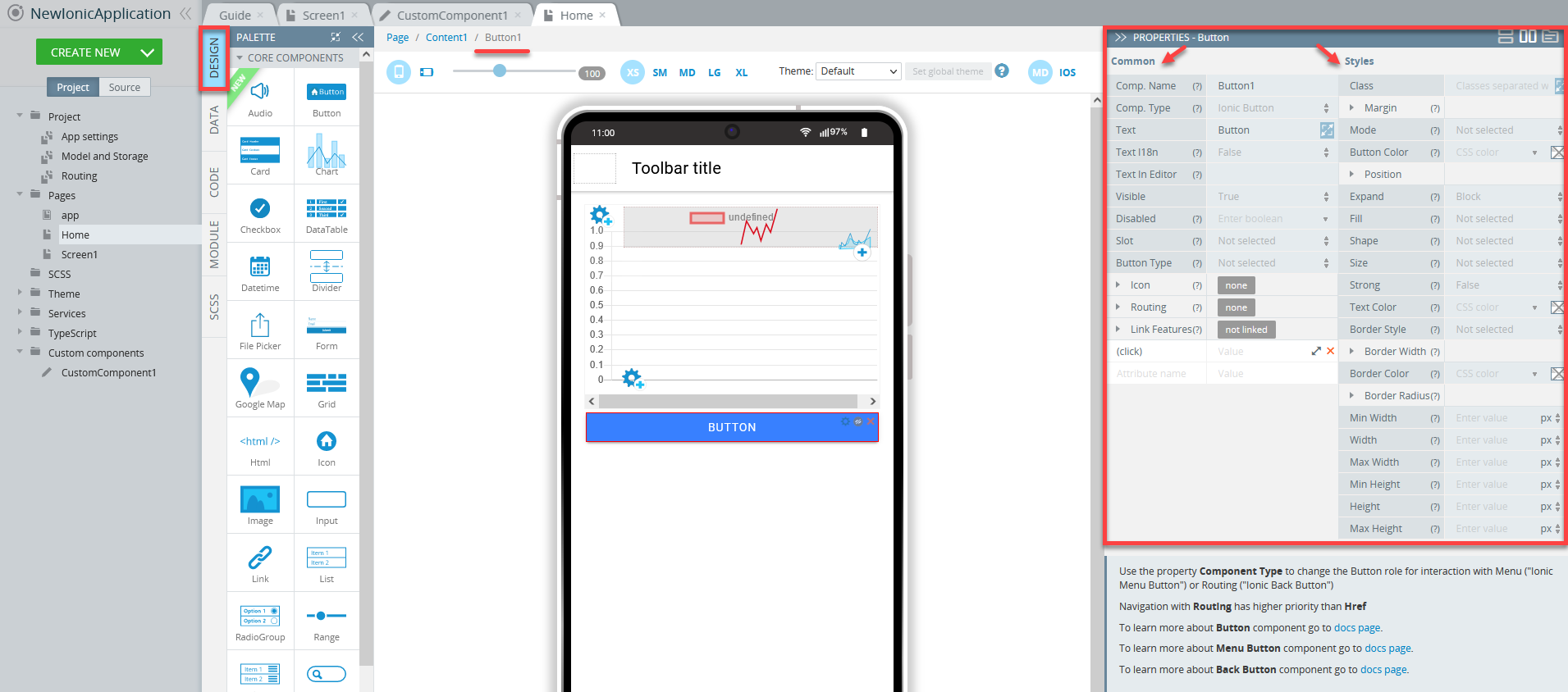 Properties of the **Button** component: **Common** and **Styles** tabs