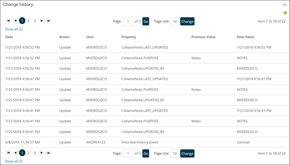 Viewing the change history on an account page