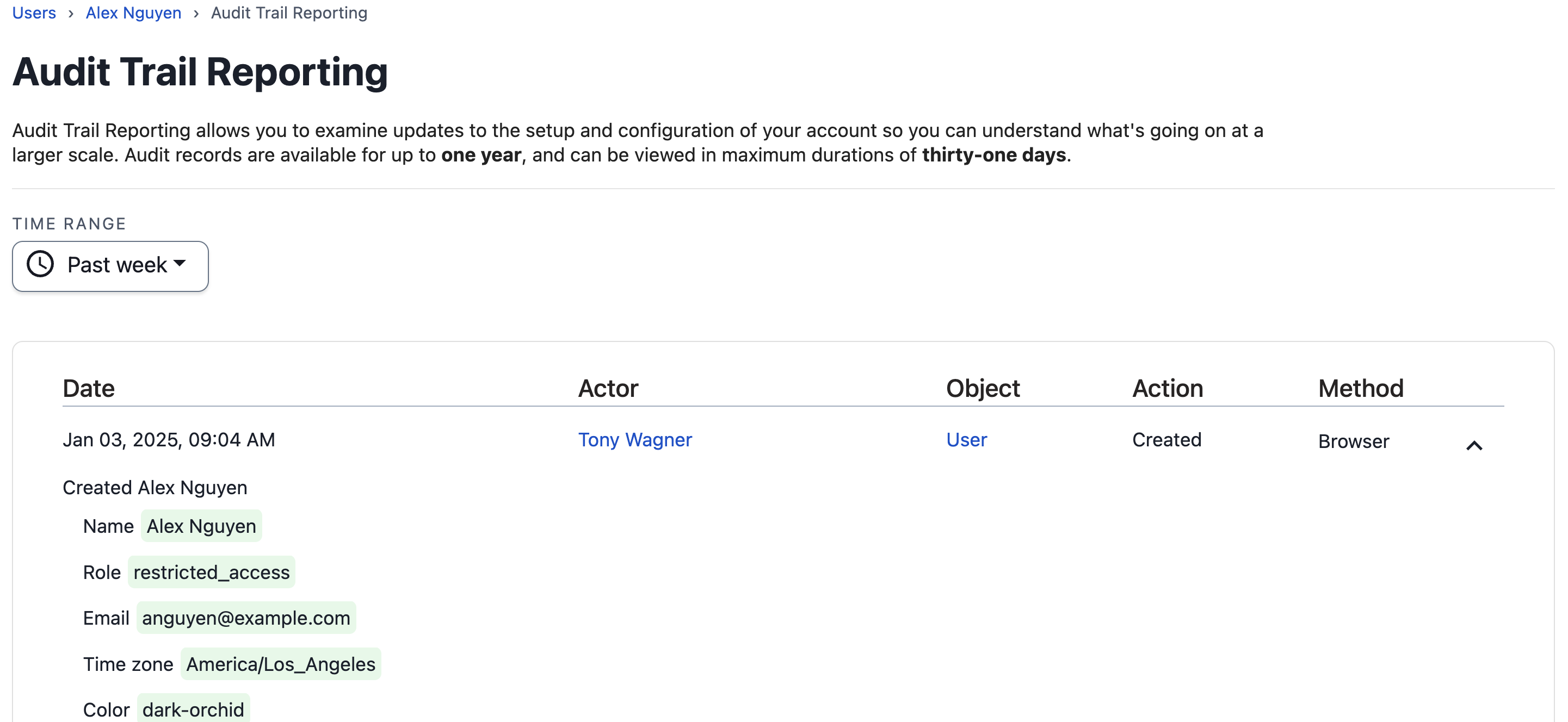 A screenshot of the PagerDuty web app showing an Audit Trail report