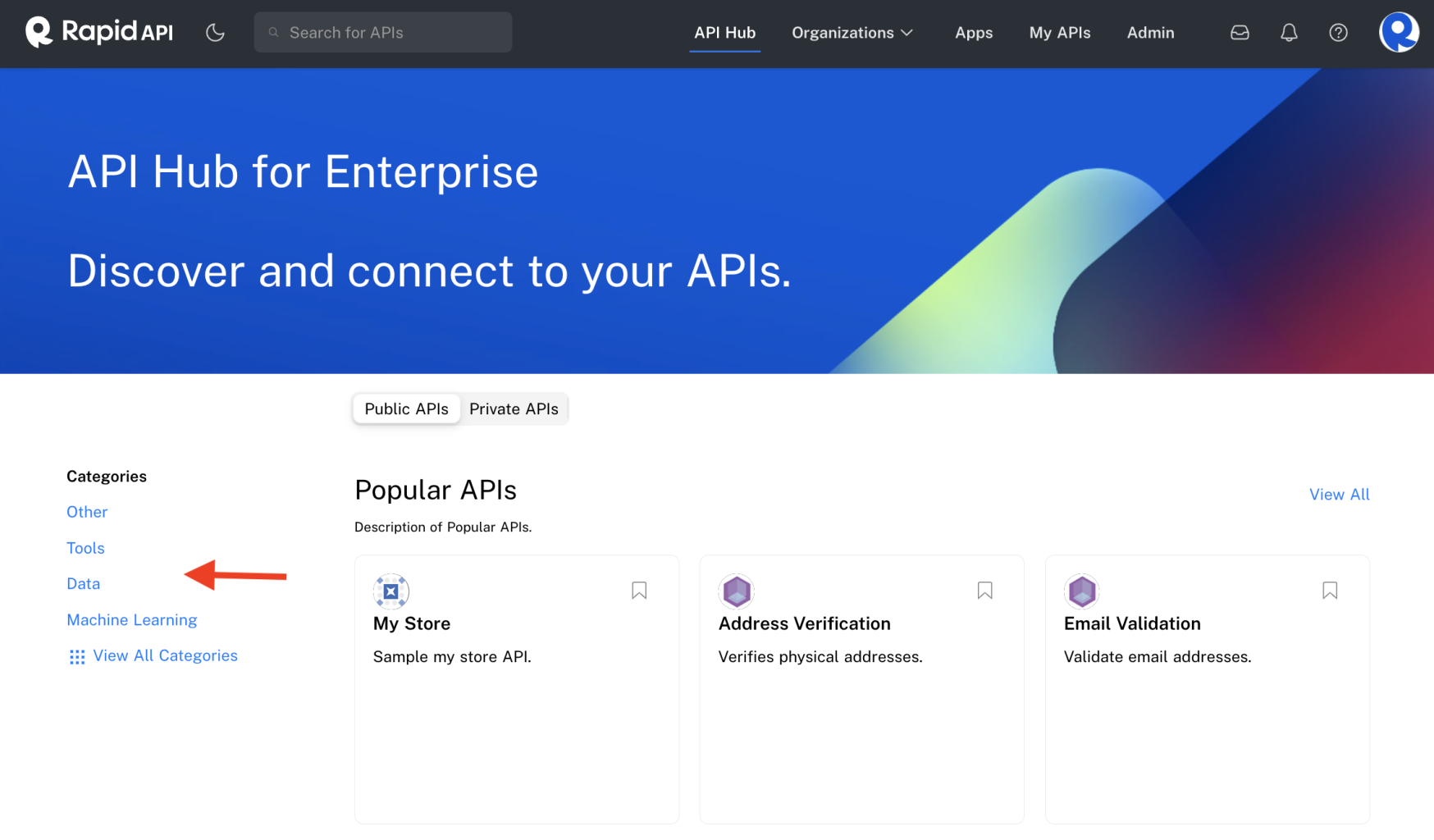 Viewing categories on the API Hub page.