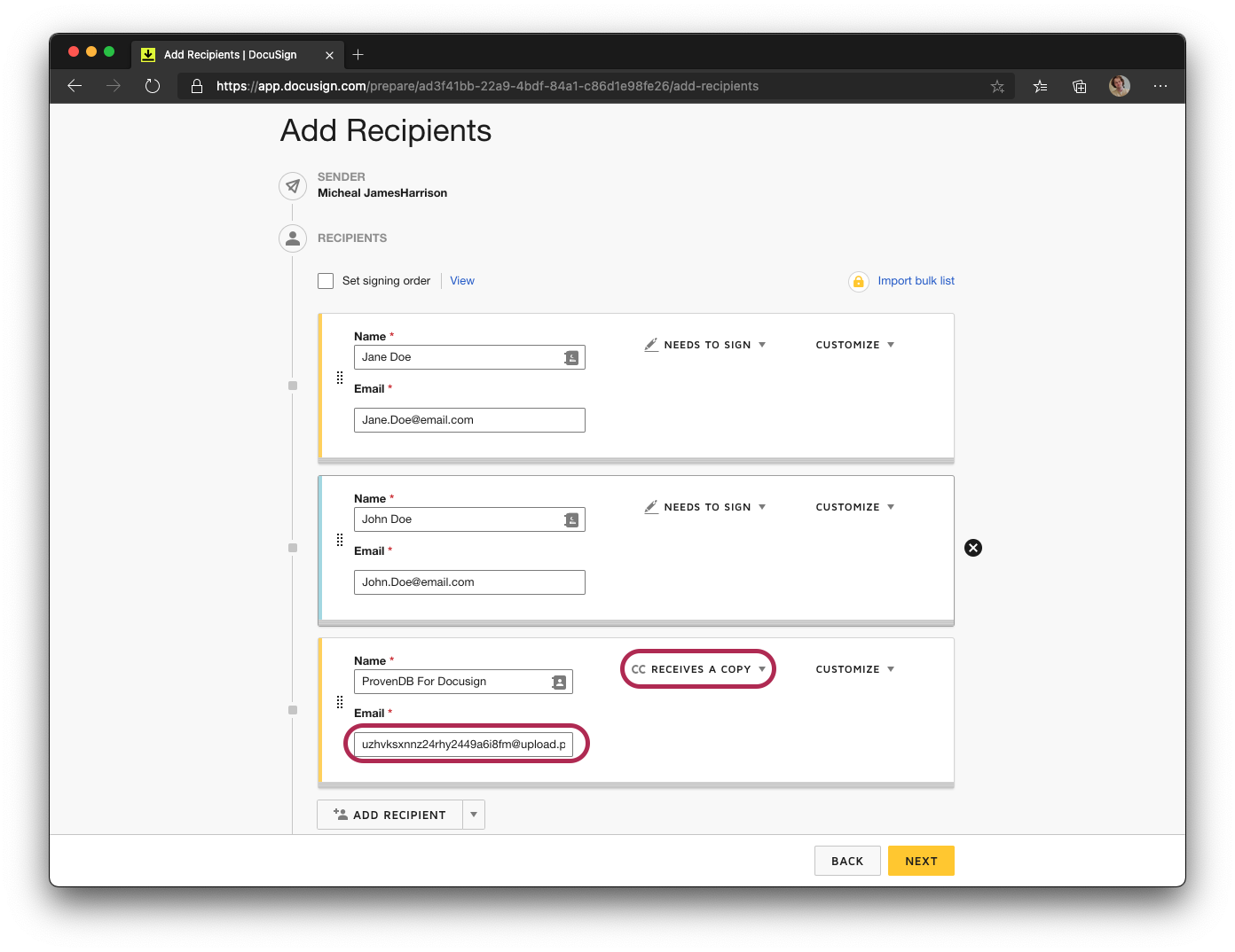 Added ProvenDB for DocuSign as a recipient of your envelope.