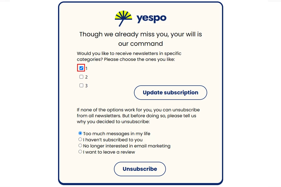 Unsubscribe by subscription categories