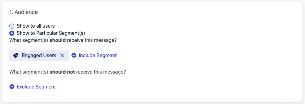 Screenshot showing the Audience settings for an in-app message