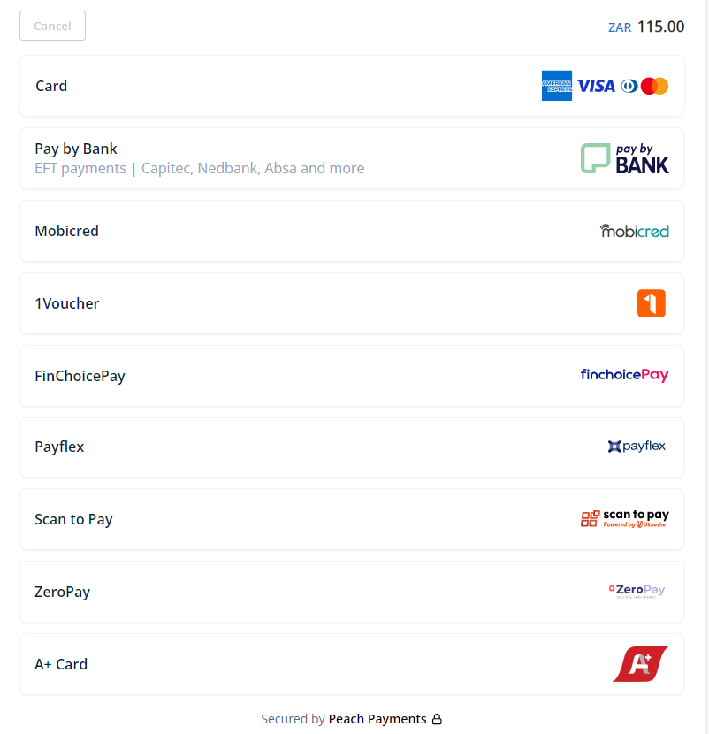 Checkout offers a variety of payment methods.