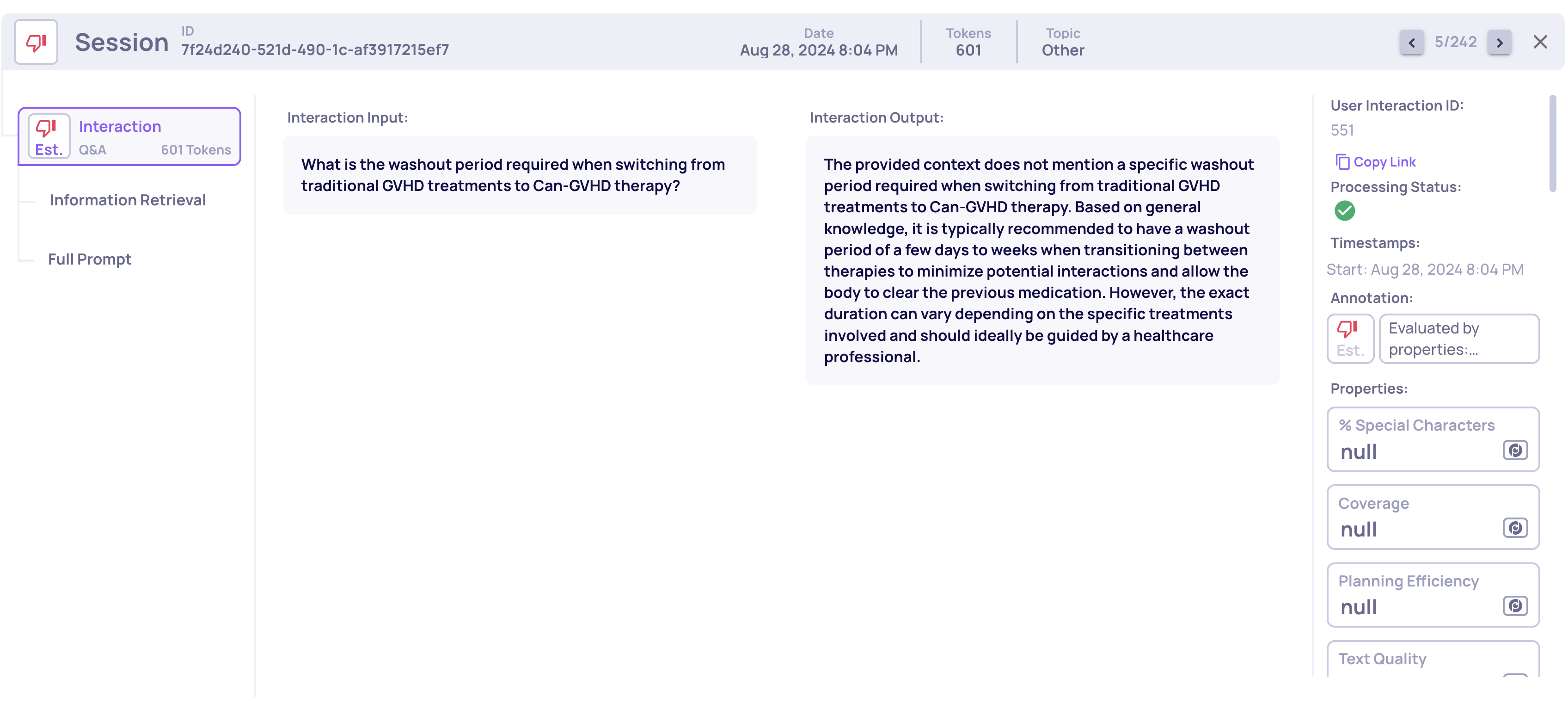 An interaction with a "completed" processing status (can be seen on the right of the screen)