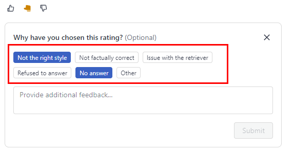 An answer with the "fairly accurate" rating assigned and the text field for providing additional comments opent. In the text field, you can see tags: not the right style, not factually correct, no answer, and the like, the user can choose. There's also a text field below and a submit button.