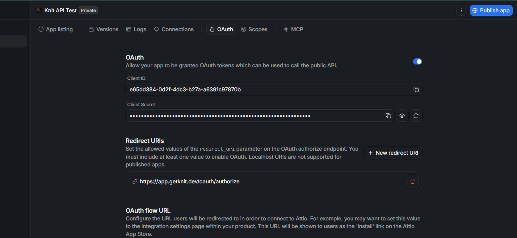 OAuth app configuration screen