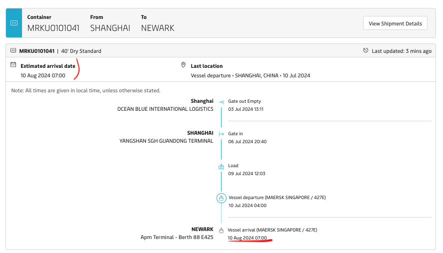 Maersk track and trace showing 8/10 ETA