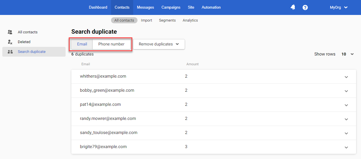 Selecting filters for duplicate contacts