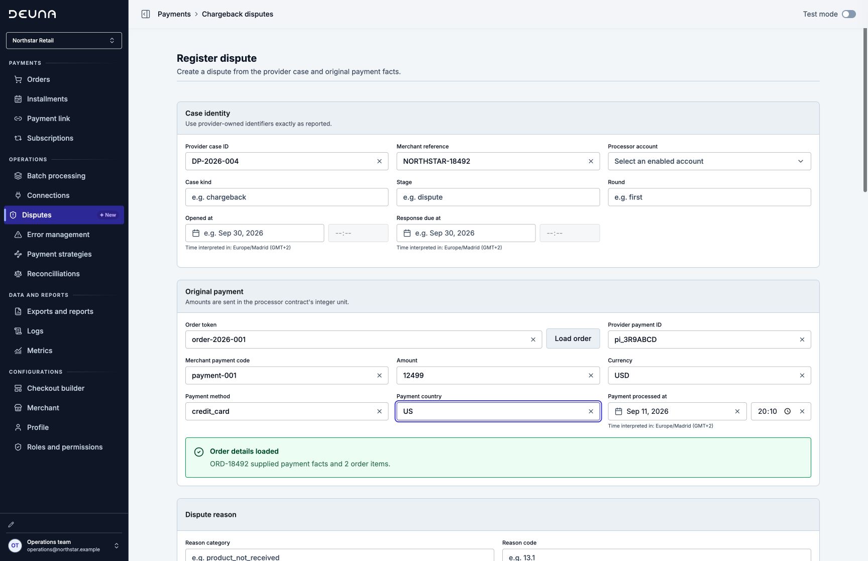 Register dispute form with case identity and original payment fields
