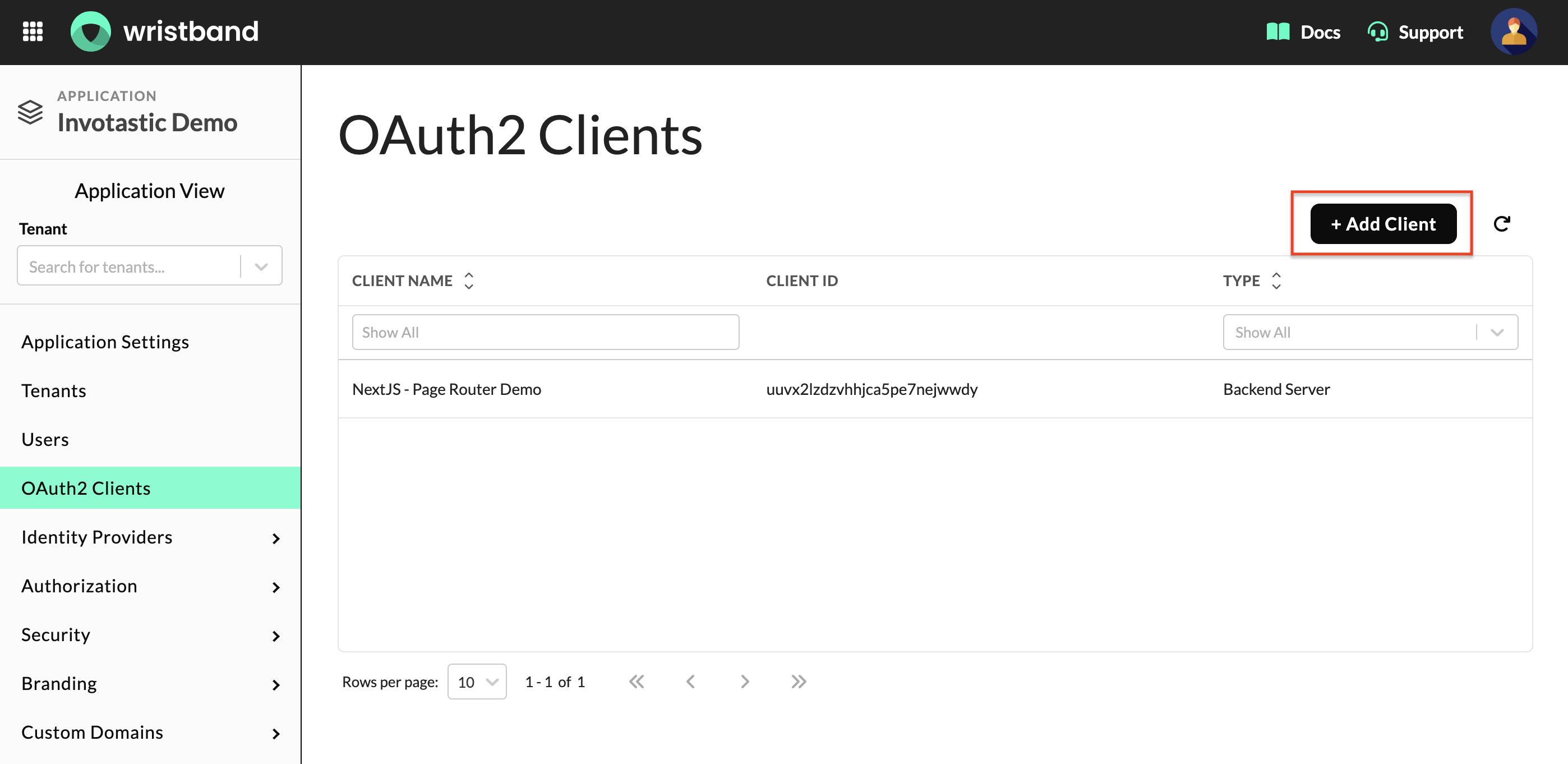 OAuth2 Clients page in Application View showing the Add Client button