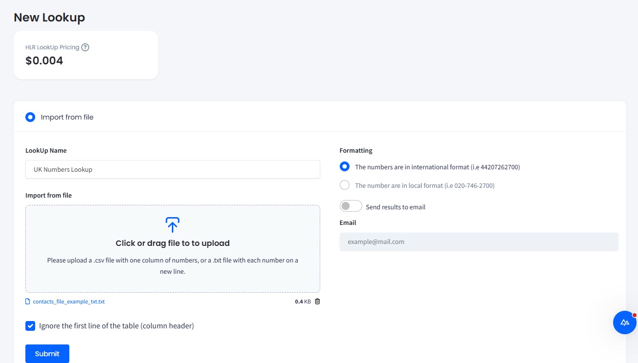 Screenshot of bulk lookup