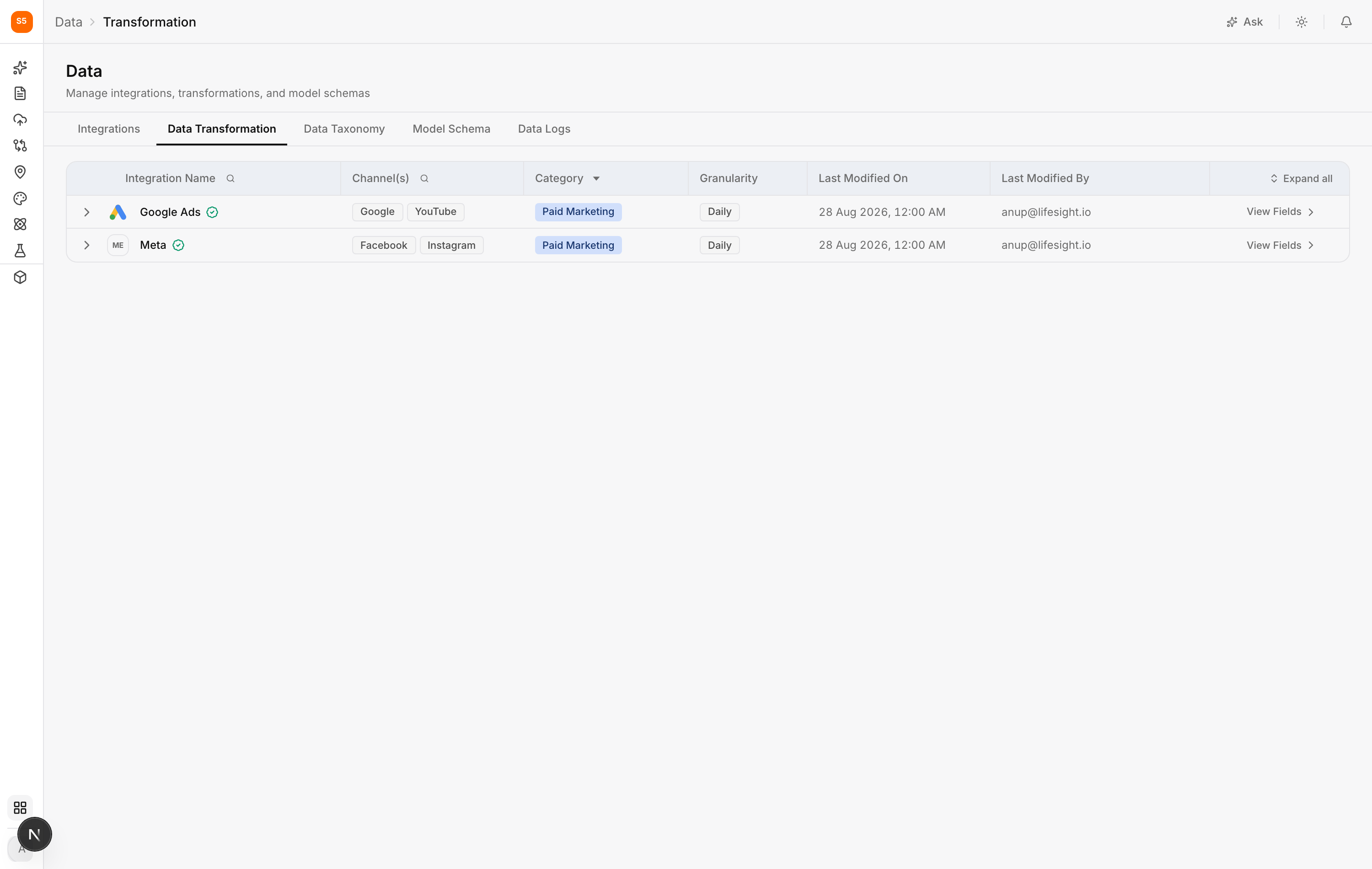 The Data Transformation tab listing connected sources