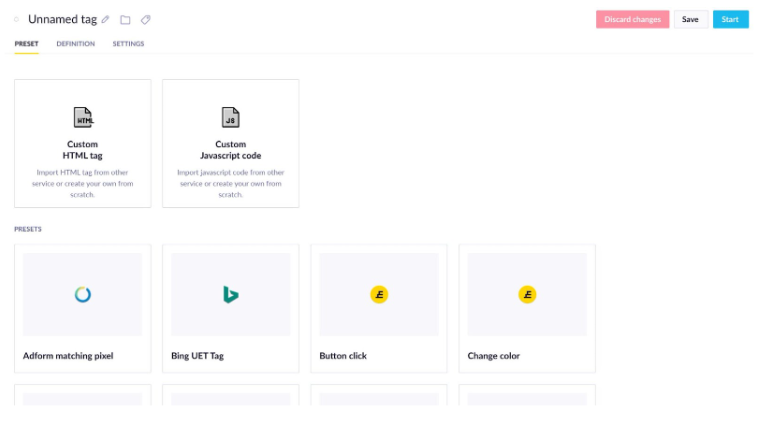 Preset selection screen showing available tag templates in Tag manager