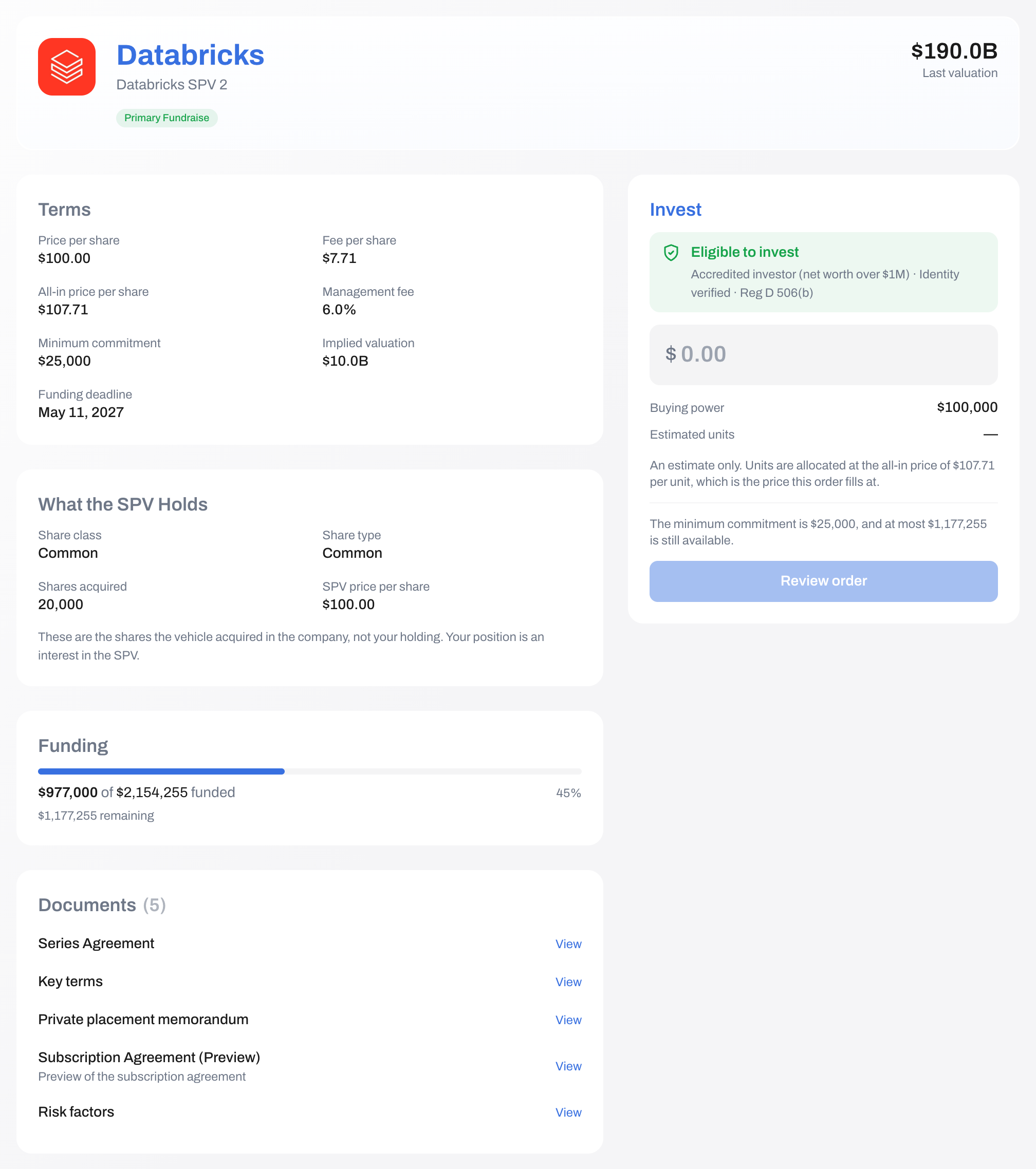 An offering page showing deal terms, funding progress, documents and an order ticket