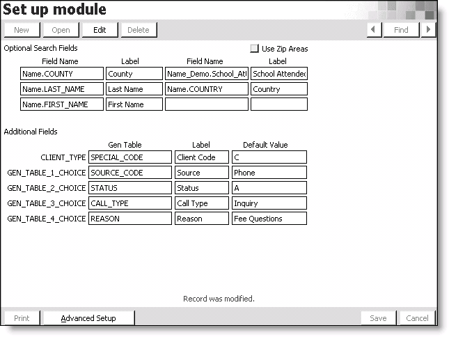 Example Set up module window displaying basic setup settings