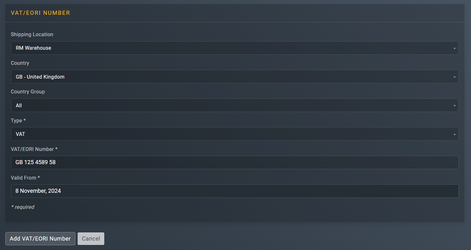 Entering VAT/EORI number and its details