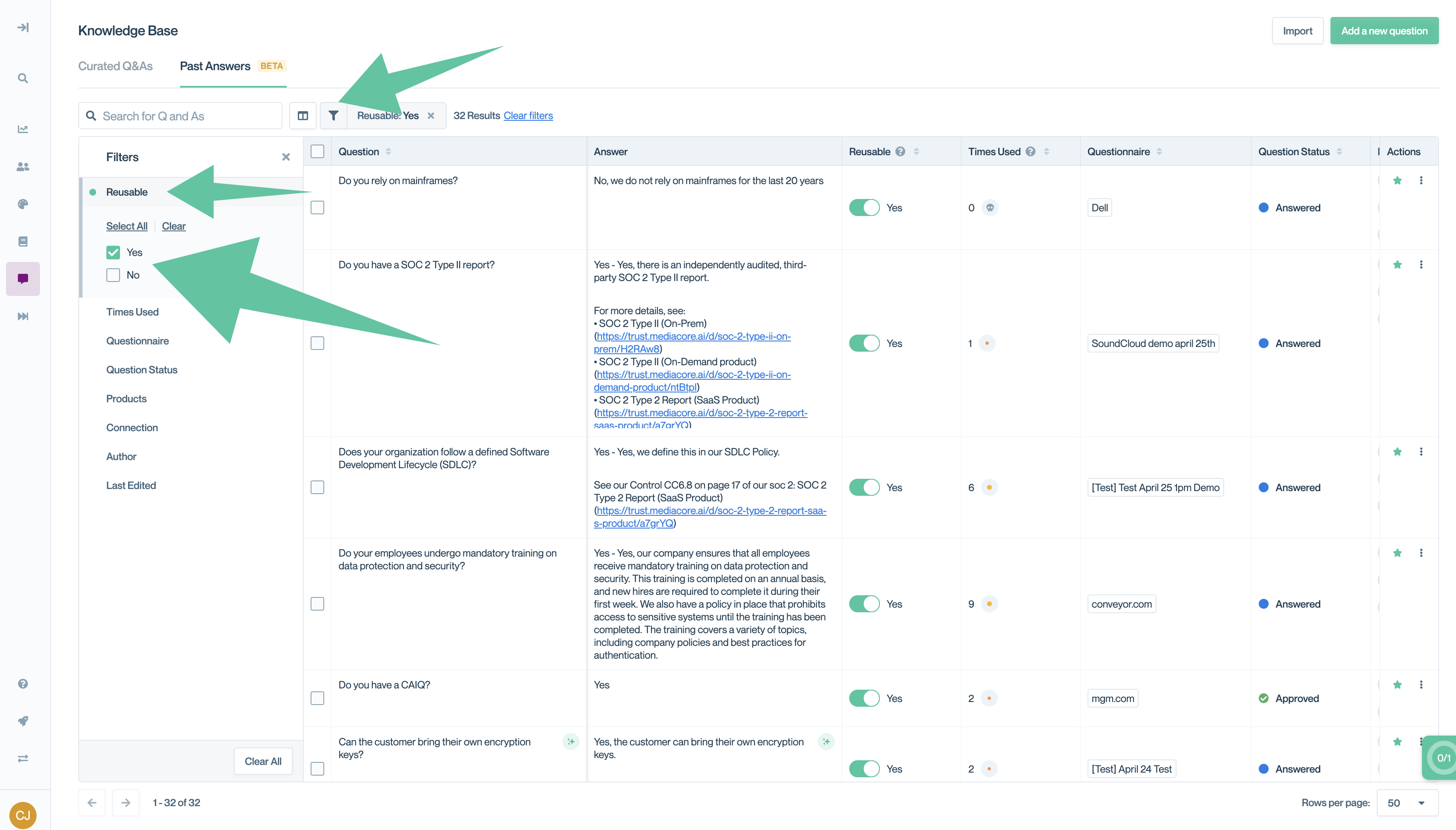 Filtering to all Reusable question-and-answer pairs in the Past Answers.