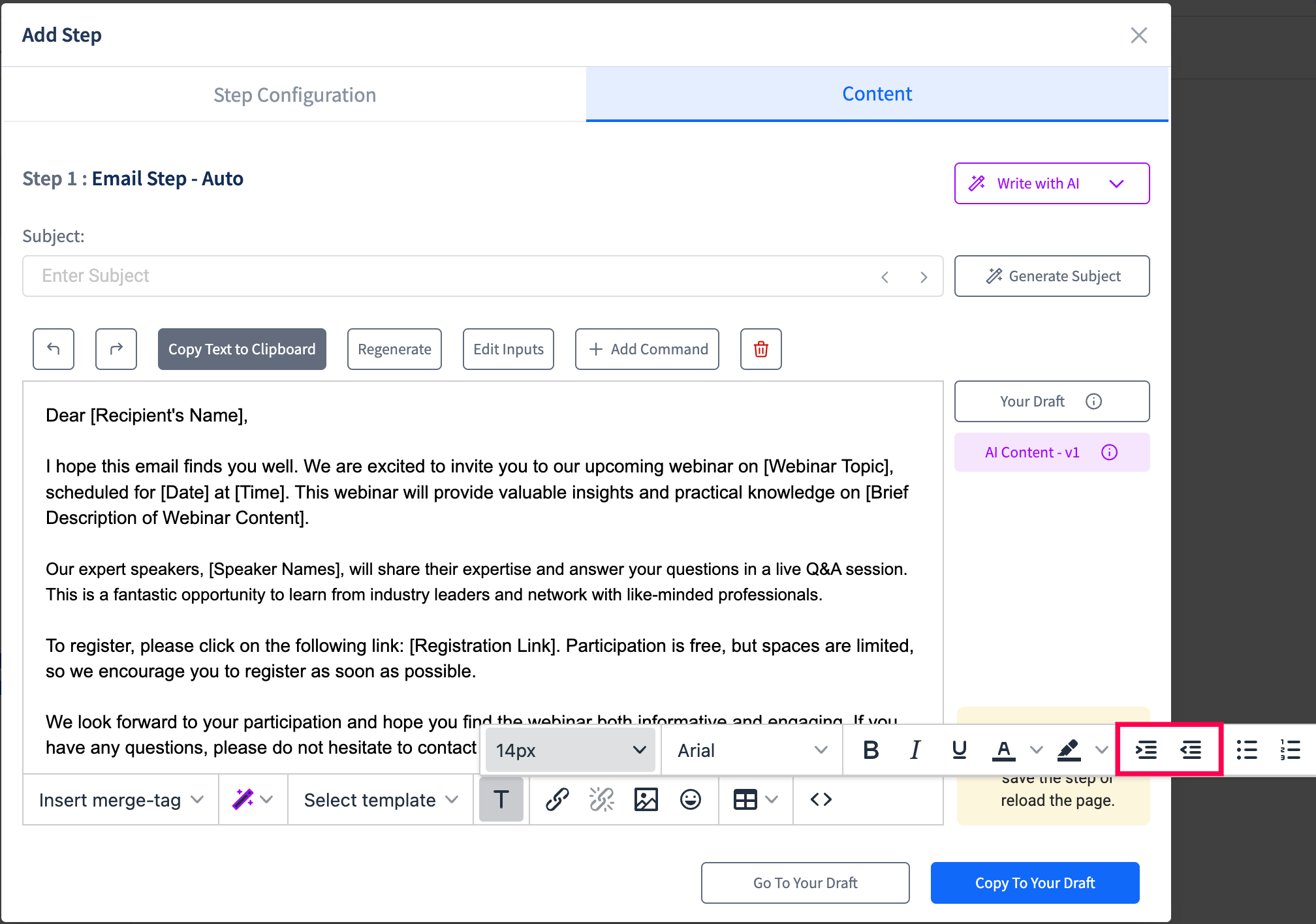 Email formatting options - how to make text alignment in SmartReach