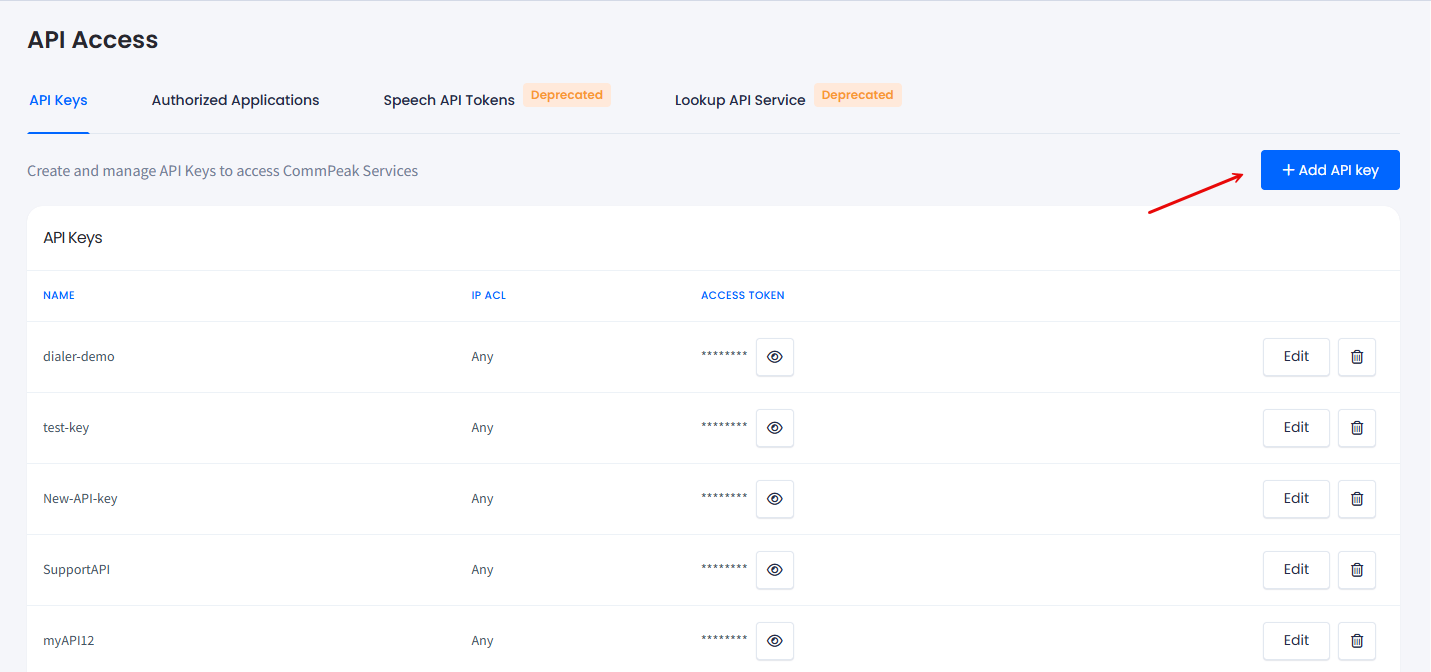 The API Keys page with the Add API key button