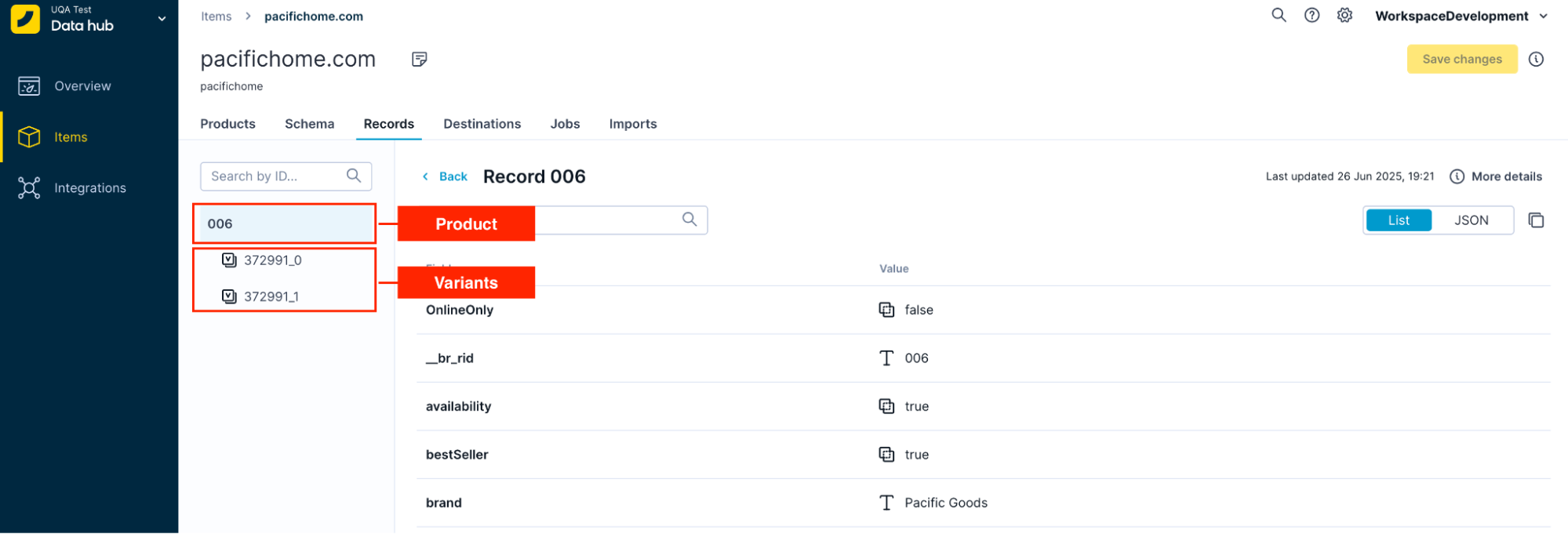 Bloomreach Data hub interface showing product records and variant details within an item collection.