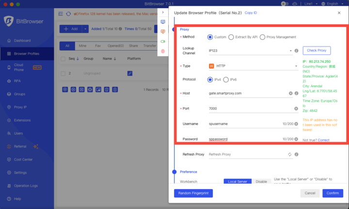 Proxy settings in Bitbrowser