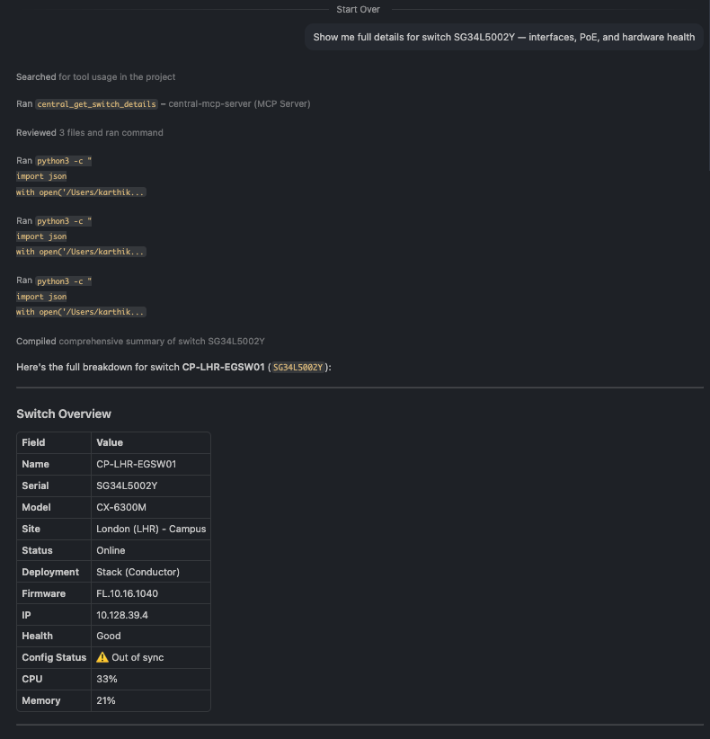 Switch detail showing interface summary, per-port PoE draw, and per-stack-member hardware health