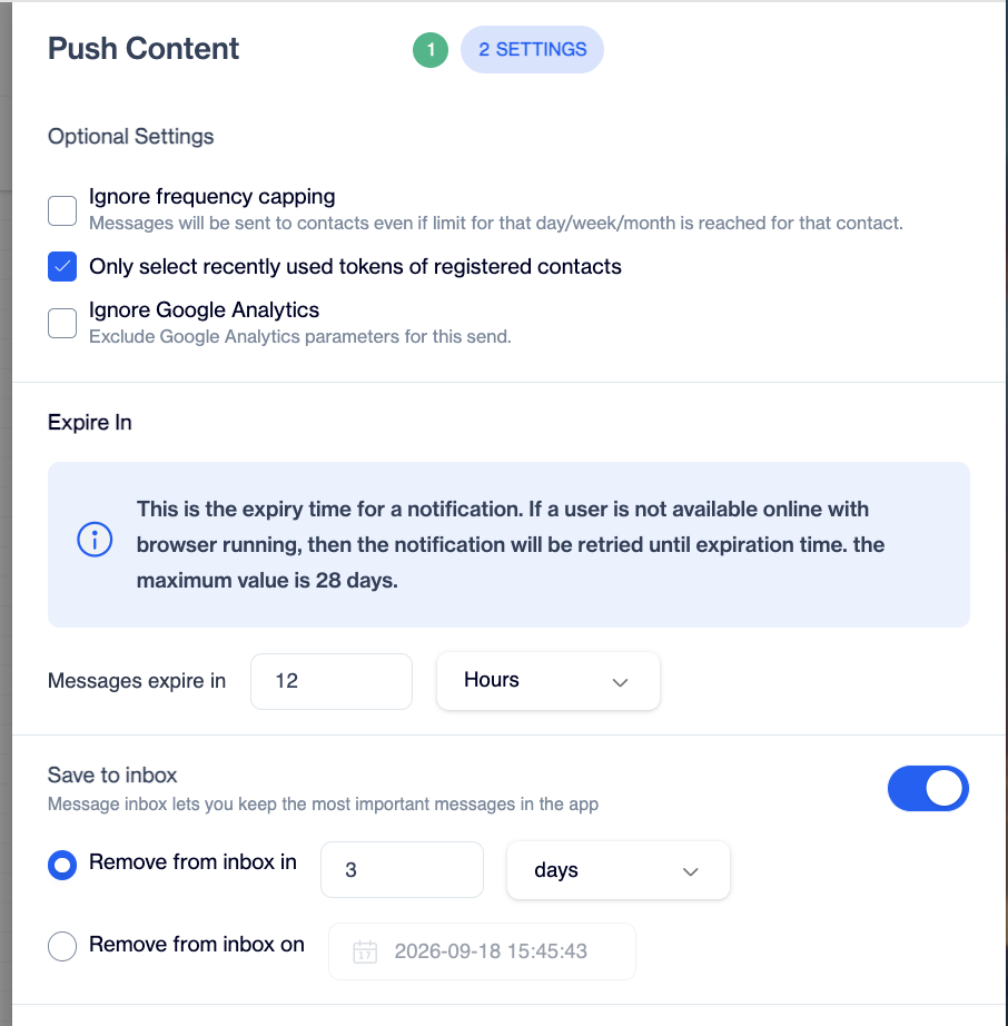 ettings step of the Push Send node showing the Optional Settings, Expire In, and Save to inbox sections