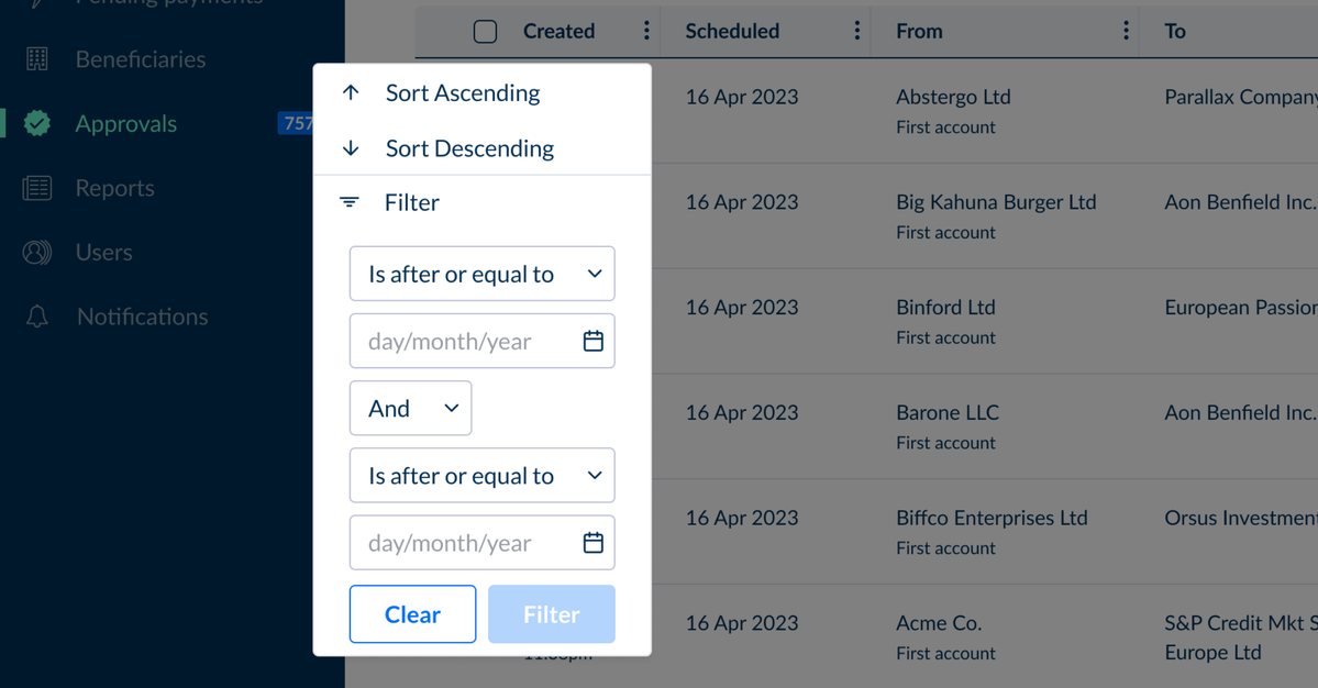 Use column filtering and sorting to refine your payments even further.