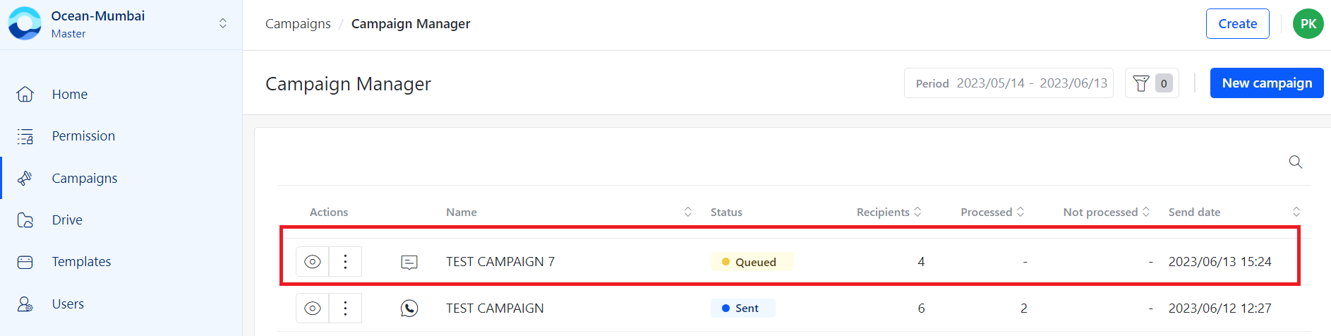 SMS campaign sent confirmation