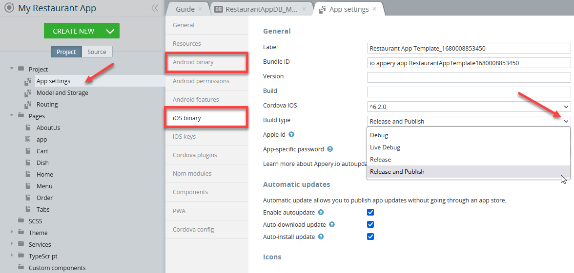 Selecting iOS binary build type