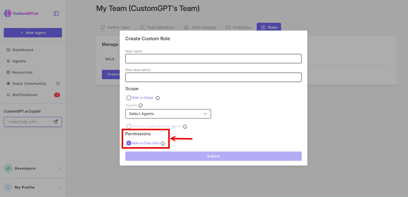 Screenshot: Permission set to Chat Only