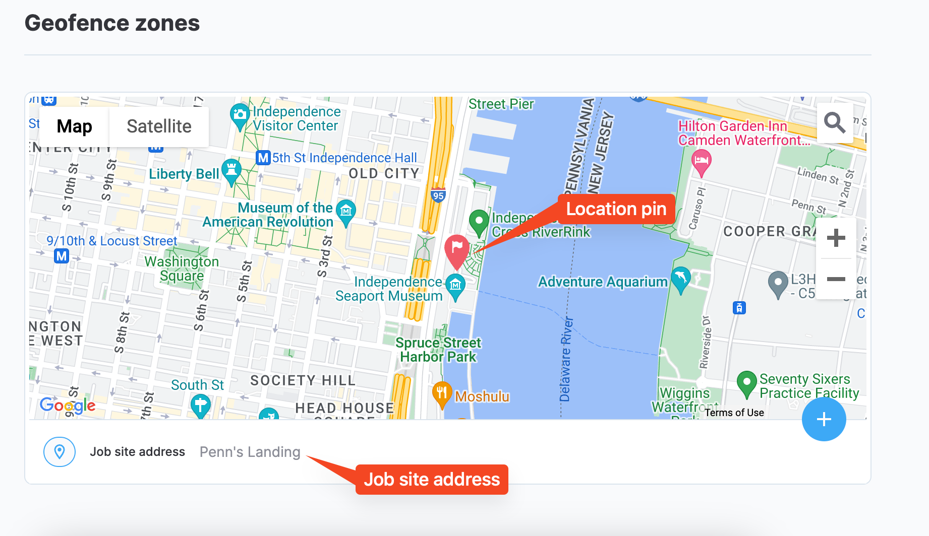 geofence map with locaiton pin and job site address