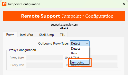 The Jumpoint configuration window shows the Proxy tab, with "Proxy configuration for support sessions" set to "Jumpoint".