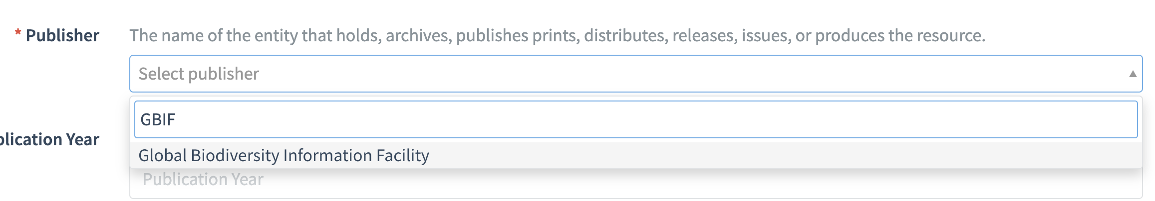 A dropdown form field in DataCite Fabrica labeled "Publisher" with an option selected, displaying "GBIF" and "Global Biodiversity Information Facility."