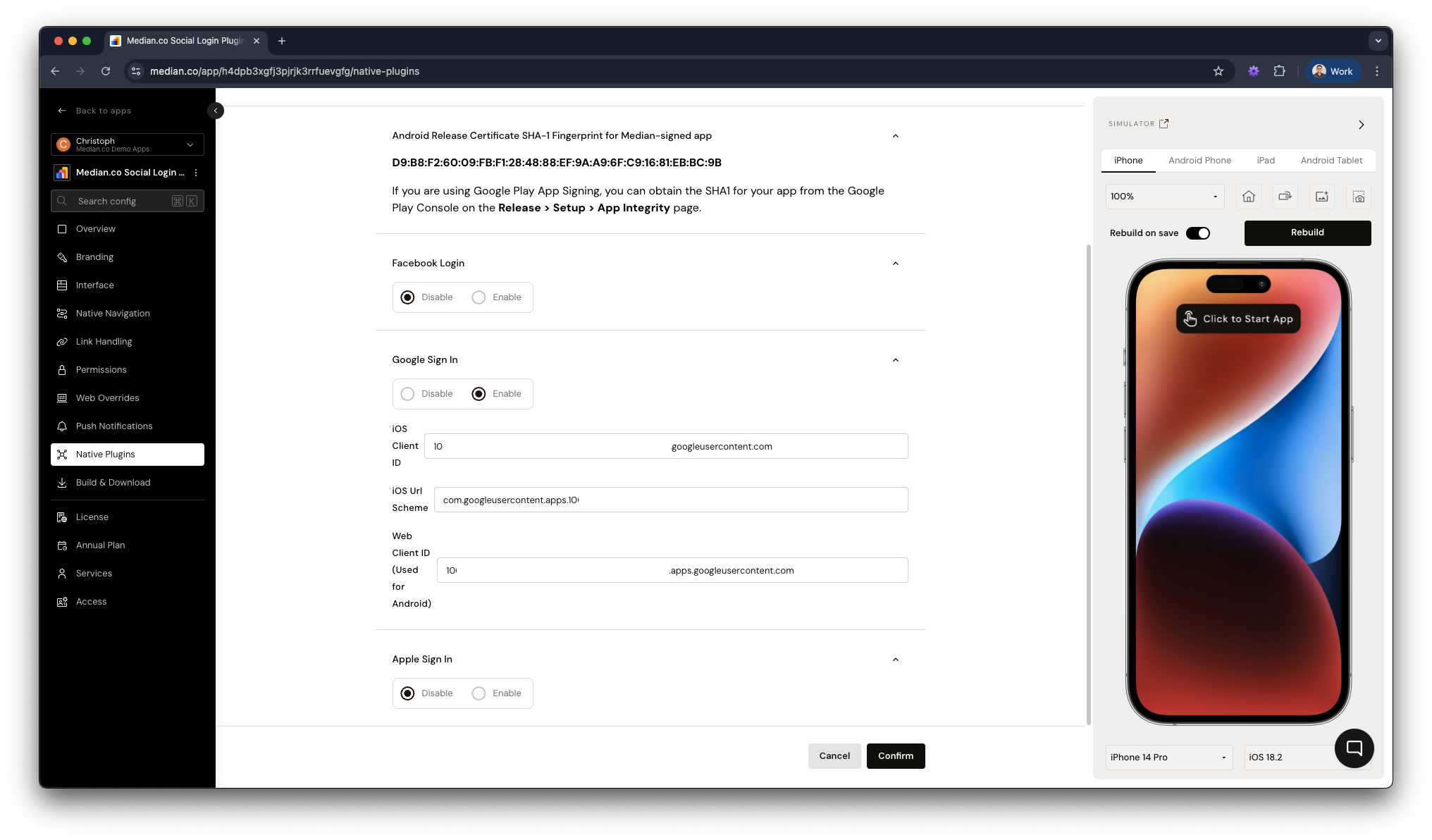 Example Social Login Plugin Configuration