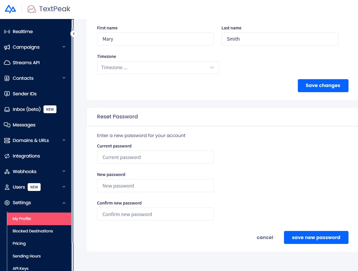 Screenshot of the Reset Password section