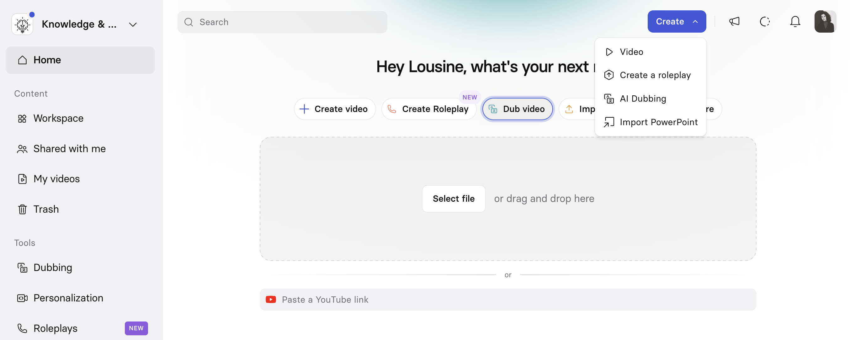 The Dub video button above the prompt box on the Synthesia homepage