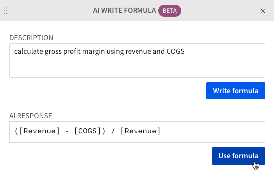 "AI write formula" modal with a prompt to write a formula that calculates gross profit margin.