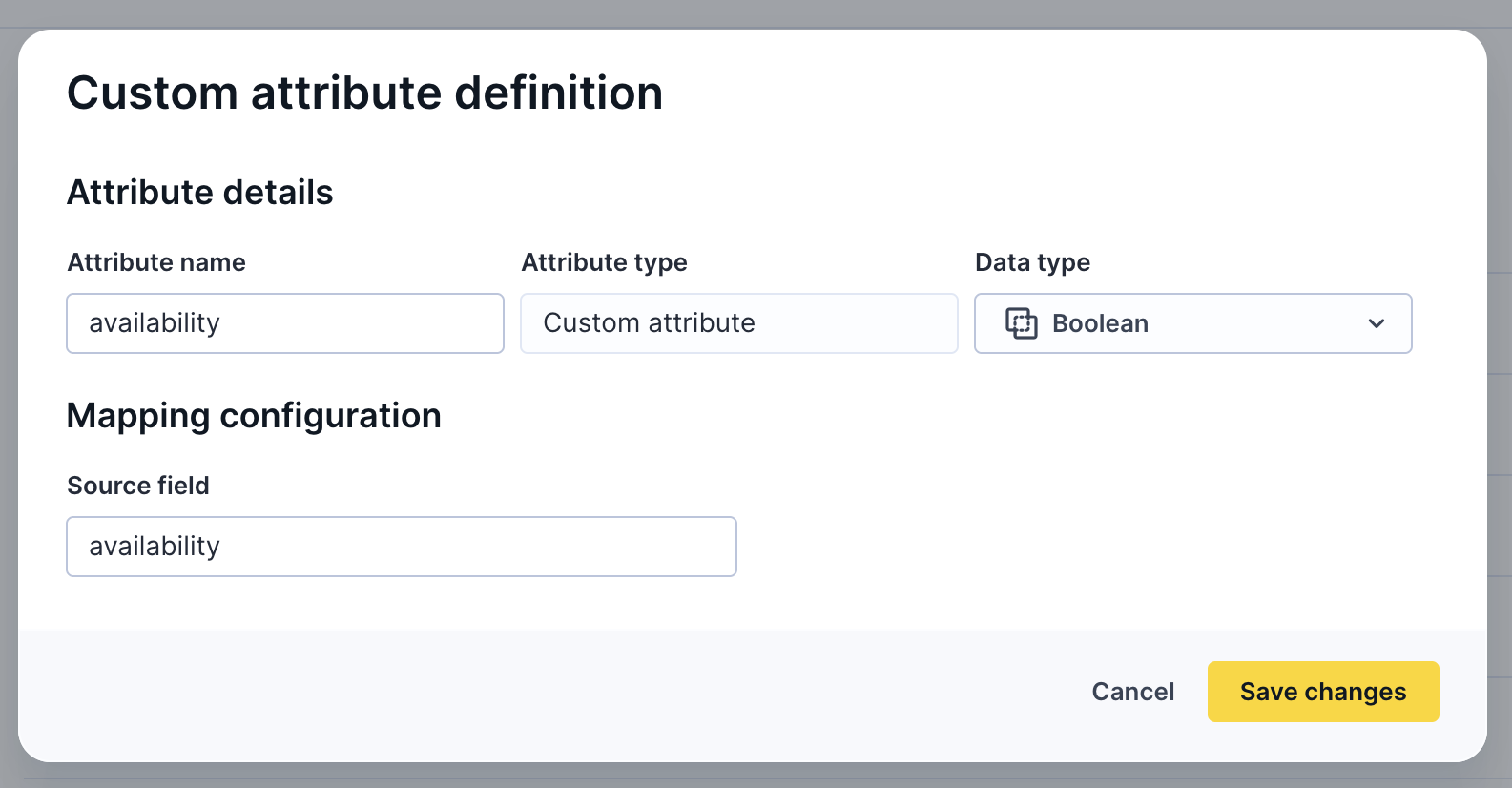 The custom attribute definition dialog in Bloomreach Data hub, showing fields for attribute name, type, data type, and source field mapping.