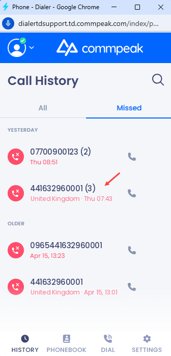 Screenshot of the grouped missed calls
