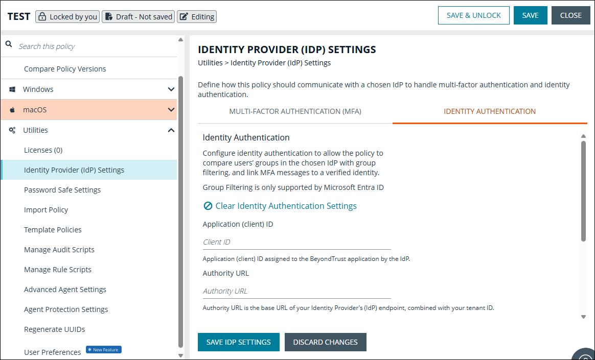 The Identity Authentication tab in the EPM Policy Editor
