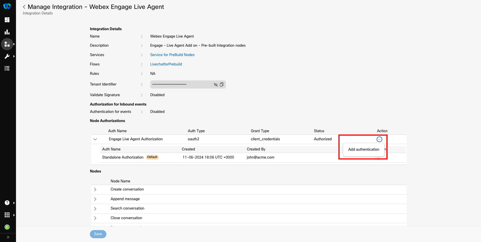 Webex Engage Live Agent Integration > Adding Authentication