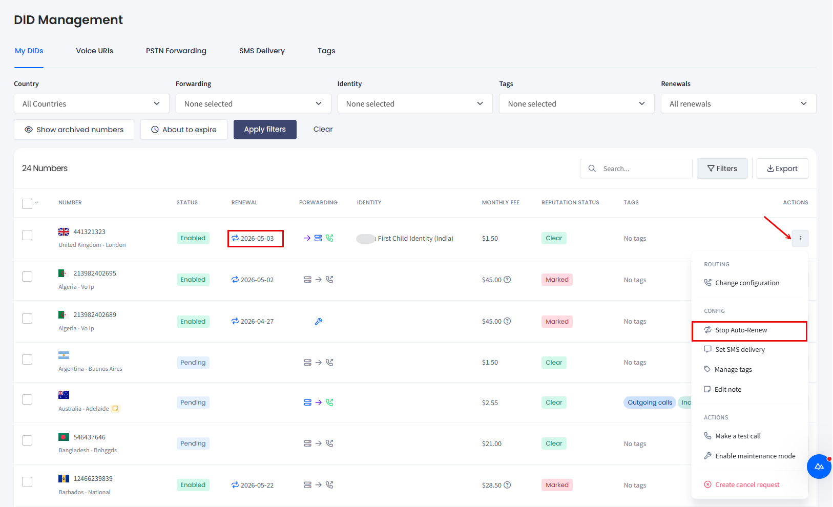 Screenshot of selecting Stop Auto-Renew option