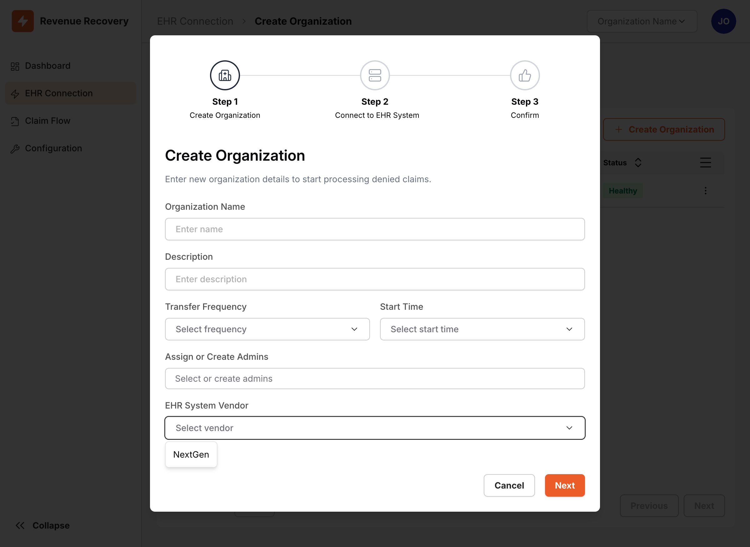 EHR system selection showing NextGen in the dropdown menu