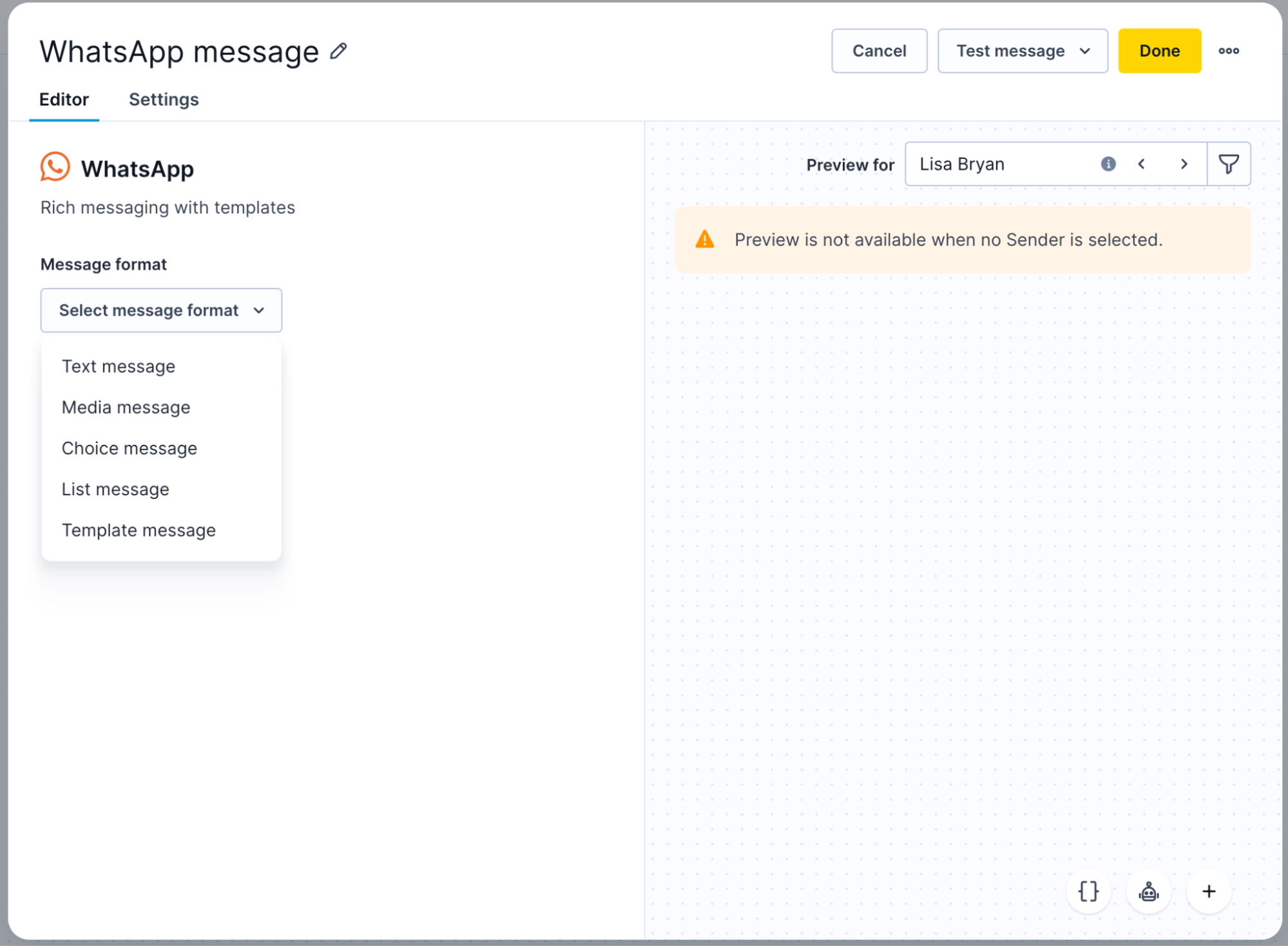 Message format dropdown in the WhatsApp editor showing five options: Text message, Media message, Choice message, List message, and Template message.